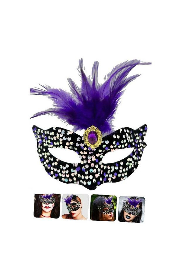 Colorful Sequined Sequin on Black Velvet Purple Feather Purple Stones Party Mask 19x21 cm