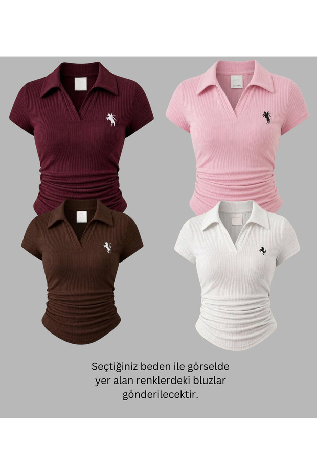 4-Piece Vintage Polo Collar Ribbed Lycra Blouse