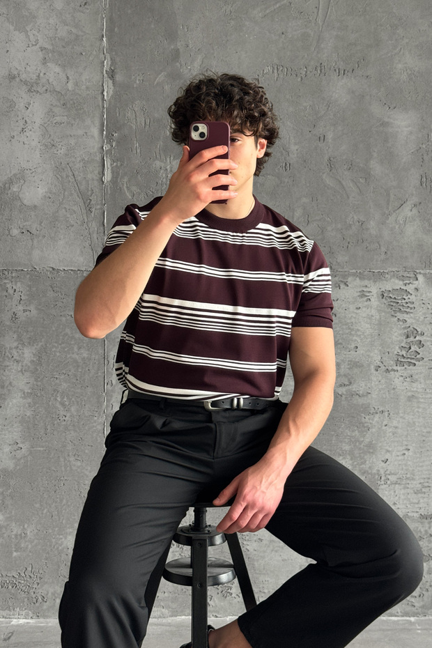 Men's Crew Neck Oversize Striped Knitwear T-Shirt