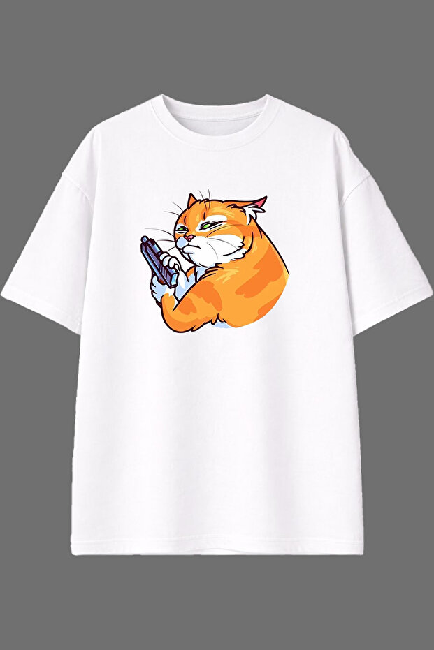 Mafia Cat Design Pre-Printed White Oversize T-Shirt