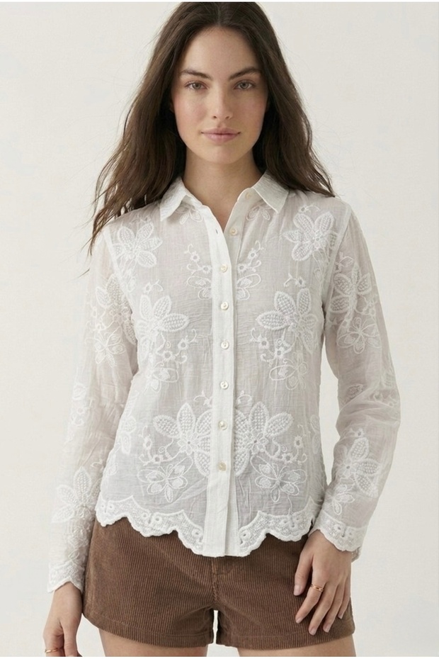 Women's White Floral Embroidered Casual Shirt with Open Hem