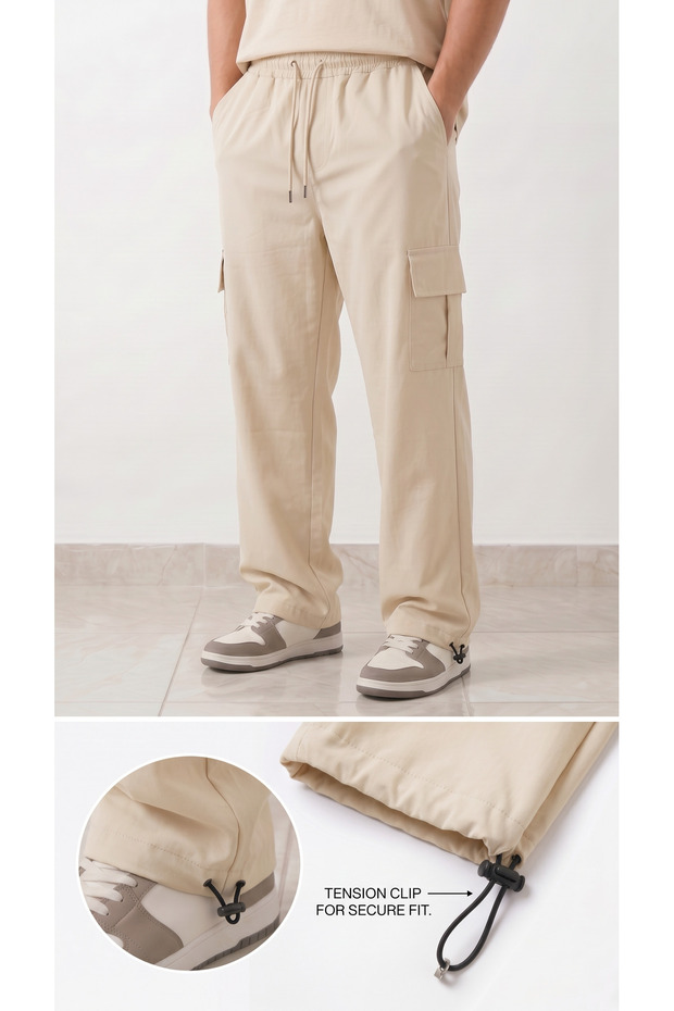 Men's Beige Parachute Fabric Commando Pocketed Clip-On (Adjustable Leg) Baggy Sweatpants