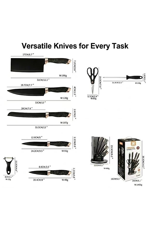 9-Piece Professional Kitchen Knife Set with Stand, Chef Knives, Scissors, Peeler and Sharpener for Home Cooking, Sharp Blades with Ergonomic Handles for Daily Meal Prep