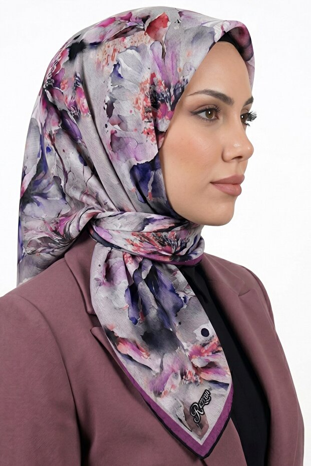 Women's Gray Purple Floral Patterned Organic Soft Cotton Shawl