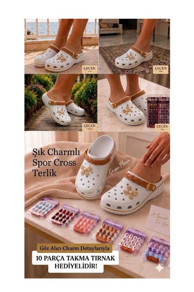 Women's Closed-Front Slippers with Knitted Detail, Charmy Cross, 10 Pieces of False Nails as a Gift! Sports Slippers Sandals, Non-Slip Sole Cross, Light-Comfortable Cross Slippers, Summer Slippers, Doctor Slippers Beach Slippers