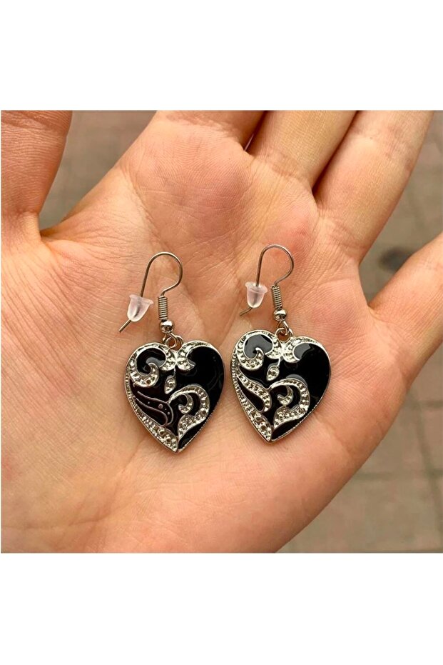 Black Embroidered Rhinestone Heart Earrings