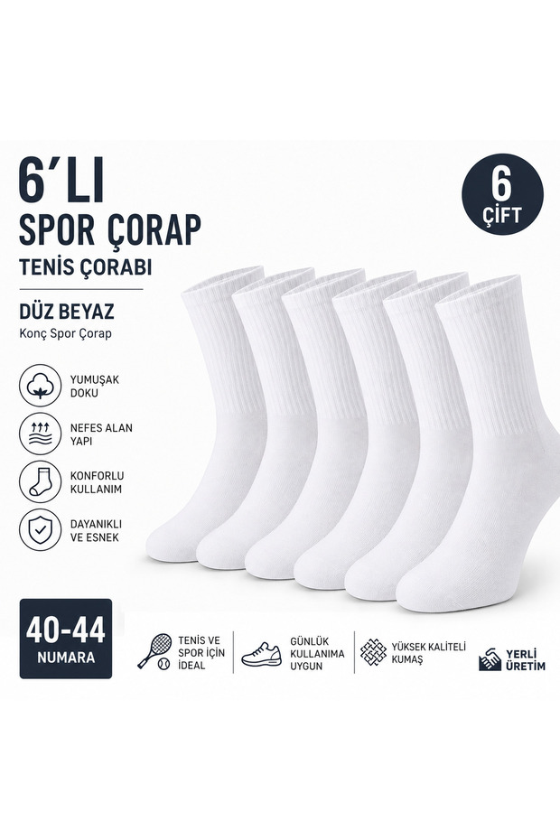 6-Piece White Conch Sports Socks Unisex Tennis Socks Size 40-44 with Logo