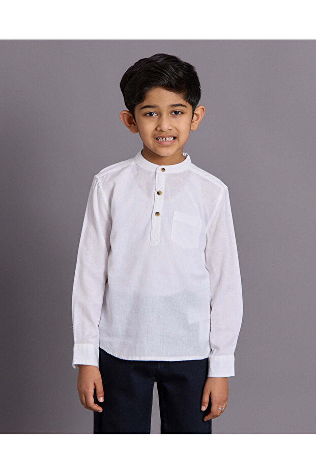 Boys White Mandarin Collar Shirt