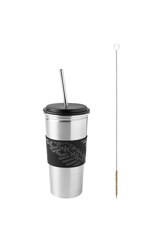 LÅNESPELARE Mug with lid and straw, black