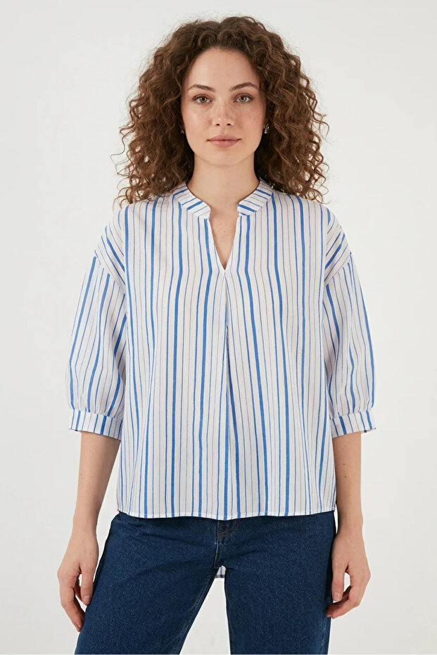 Women's Shirt Collar Oversize Striped Viscose Blue Blouse