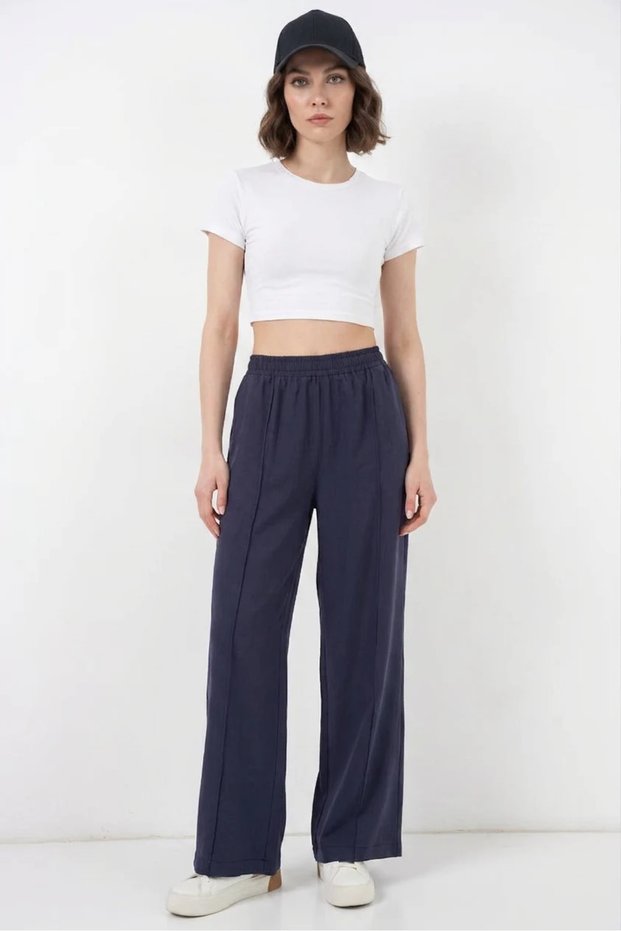 Women's Elastic Waist, Stitched Detail, Wide Leg, Navy Blue Palazzo Trousers