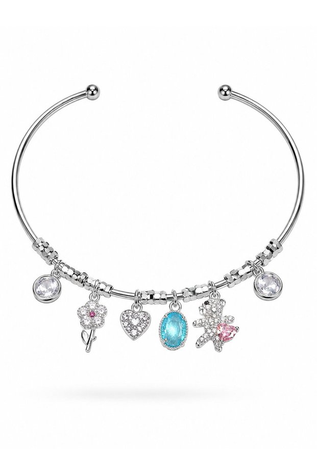 Brass Silver Color Dangle Zircon Stone Teddy Bear Figure Flower Detail Charm Women's Bracelet
