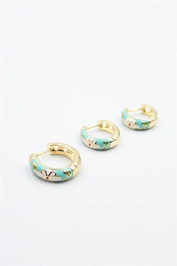 3-Piece Enamel Flower Earrings - Turquoise