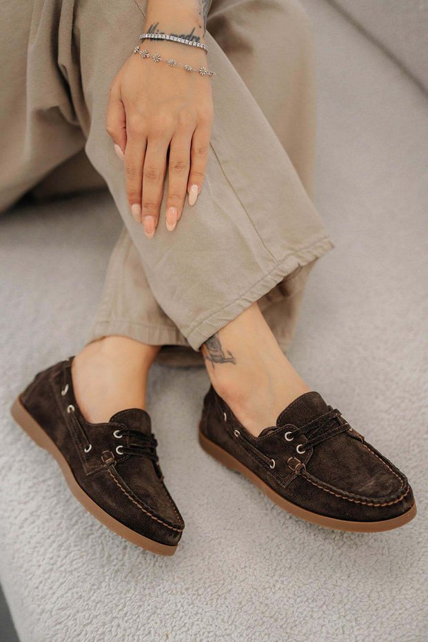 Sims Women's Lace-Up Genuine Suede Leather Loafer Shoes Brown
