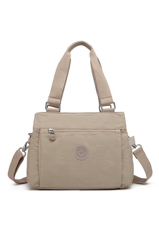 Medium Size Multi-Pocket Waterproof Lightweight Crinkle Fabric Women's Shoulder Bag Beige