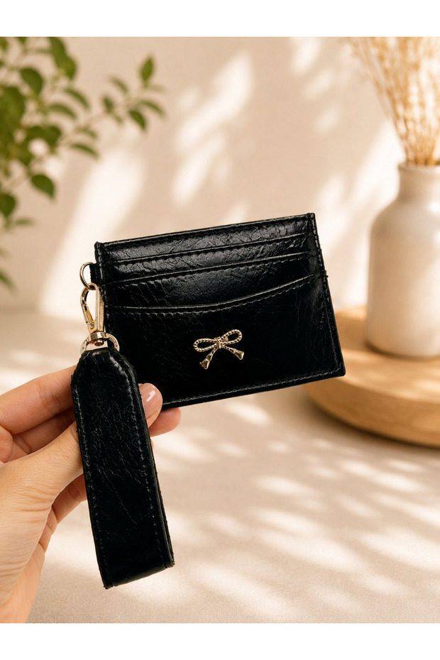 Women's Card Holder with Keychain and Bow Detail, Black