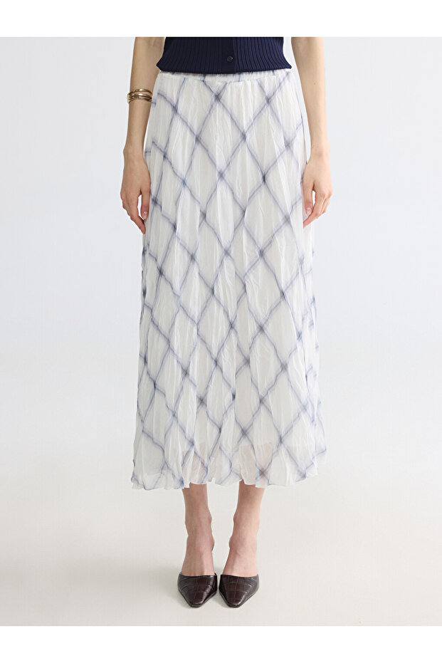 Blue Elastic Waist Belted Diamond Patterned Skirt