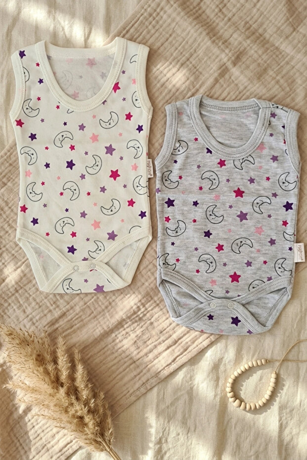 Nova Star 2-Pack Cotton Sleeveless Baby Bodysuit Set - Moon and Star Pattern, Ecru and Gray Color Options
