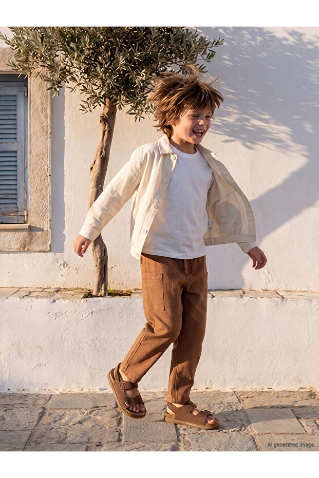 Brown Elastic Waist Linen Blend Boys' Trousers