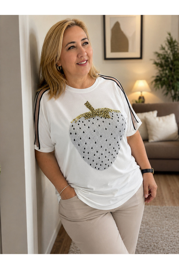 Plus Size Women's O-Neck Sleeves Tulle Stripe Strawberry Figured Stone Embroidered Blouse