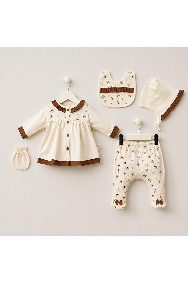 Newborn 5-Piece Set, Top and Bottom Set, Gloves, Hat and Bib, Brown