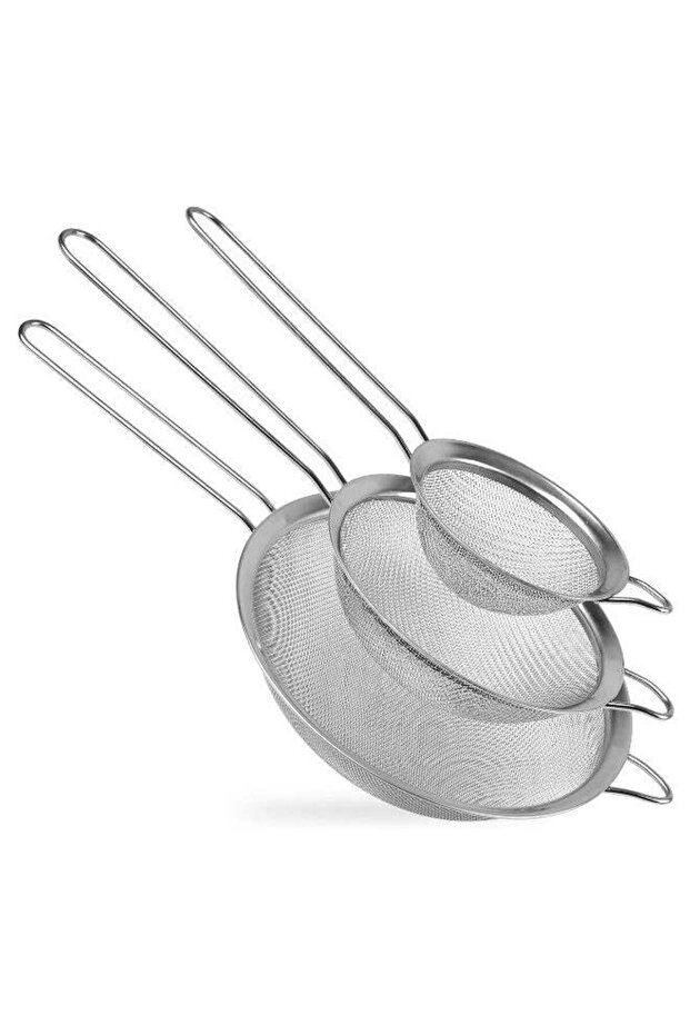 Stainless Steel Fine Mesh Strainer Set, Silver, Set of 3, with Long Handle, for Straining and Sifting
