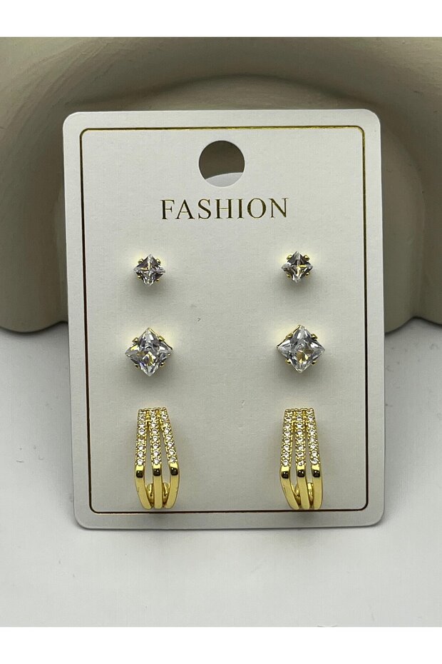 26Vipkp92 - Set of 3 Gold Zircon Steel Earrings