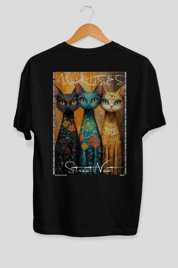 46 Cats for the Sake of Cat Love Printed Black Oversize T-Shirt 100% Cotton Unisex Cat Lover Premium Design