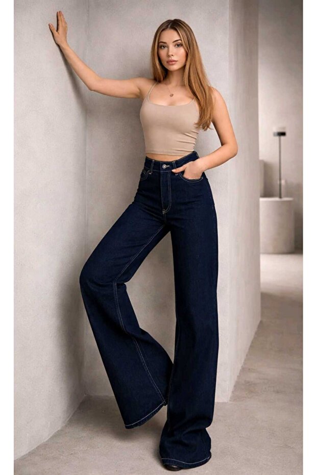 Elfide High Waist Navy Blue Extra High Waist Jean Lycra Soft Palazzo