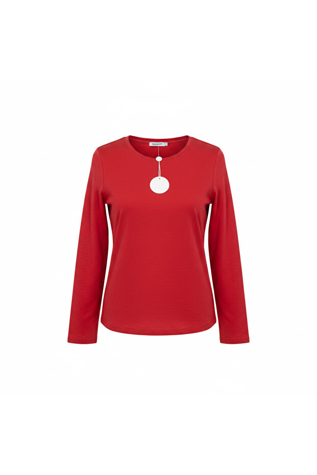 Women's Red Long Sleeve Top with Side Button Detail