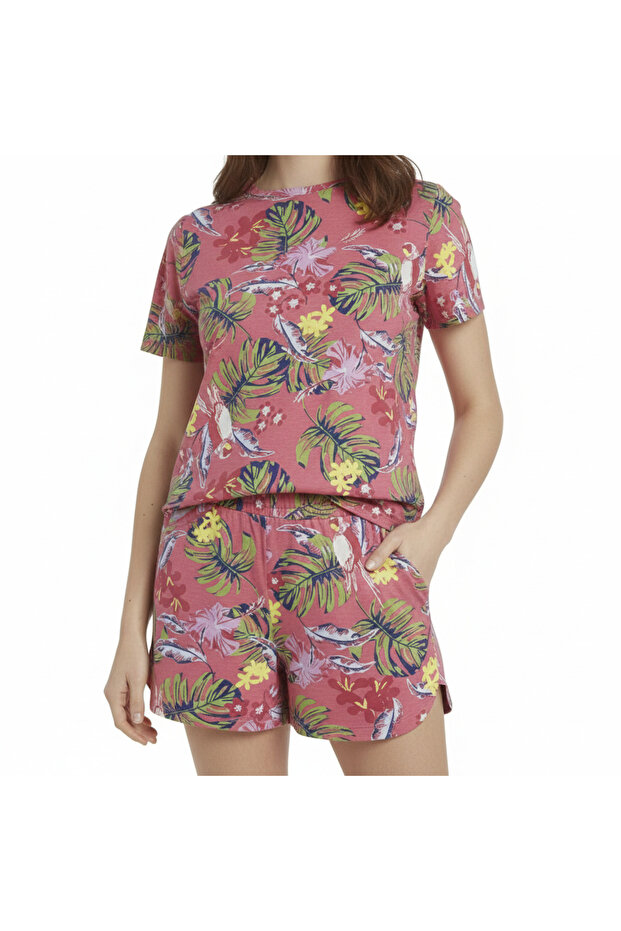 Women's Pink Tropical Print Cotton Short Set