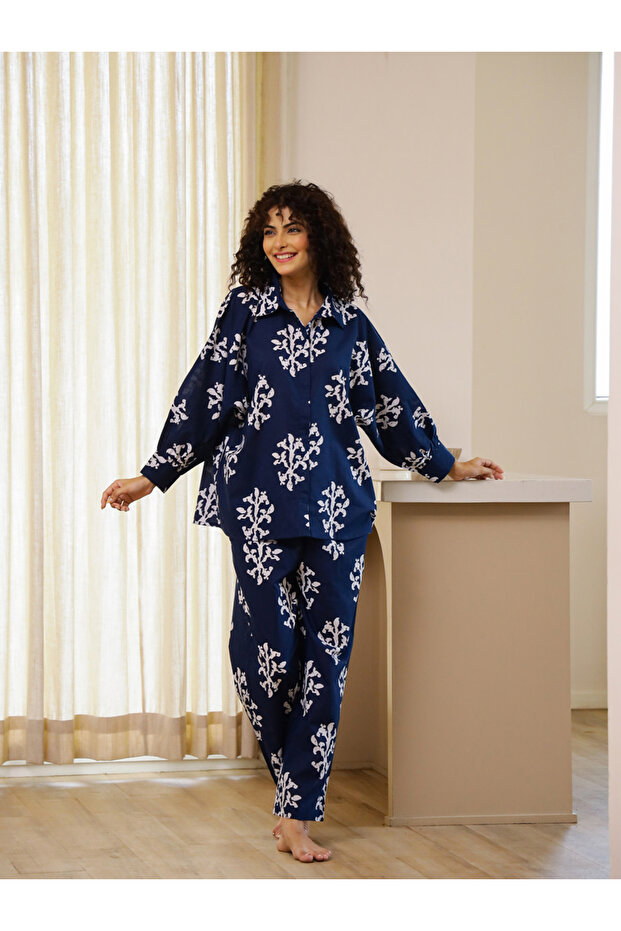 Navy Blue Relaxed Printed Collar Shirt and Pyjama Set