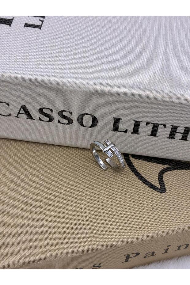 Silver Color White Pearlescent Baguette Zircon Stone Detailed Asymmetrical Adjustable Brass Ring