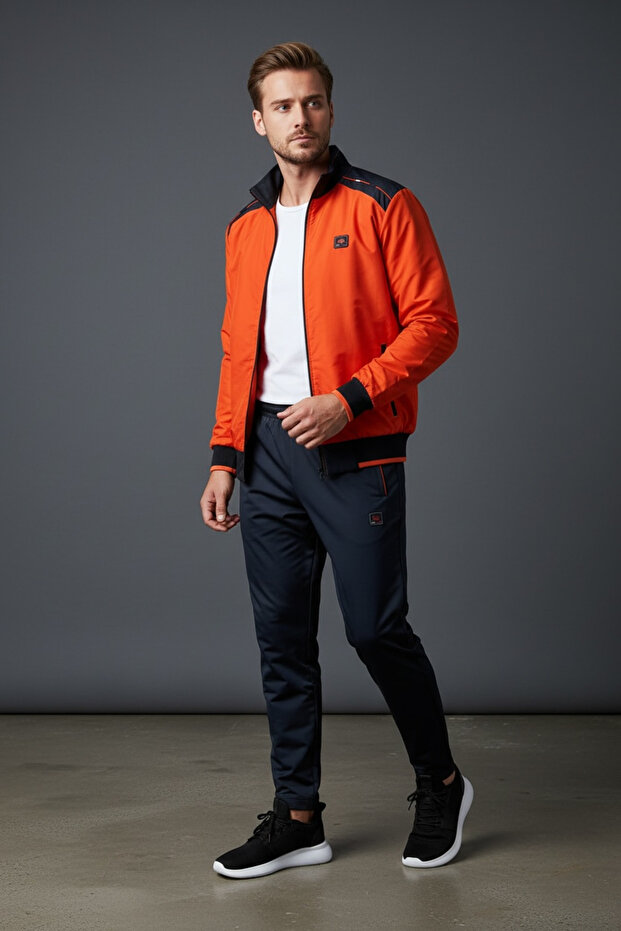Men's Parachute Fabric Zippered Stand Collar Orange Navy Blue Tracksuit Set - 4052