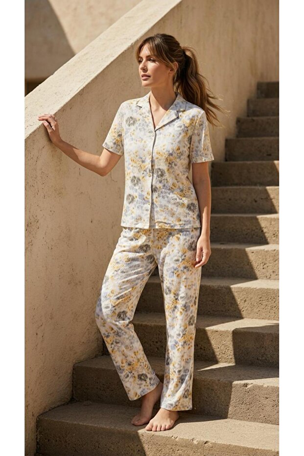 Tie-Dye Pattern Men's Collar Buttoned Pants Women's Pajama Set