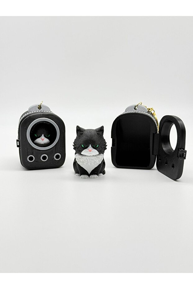 Cat Keychain with Bag and Bag Charm 3D Design Black