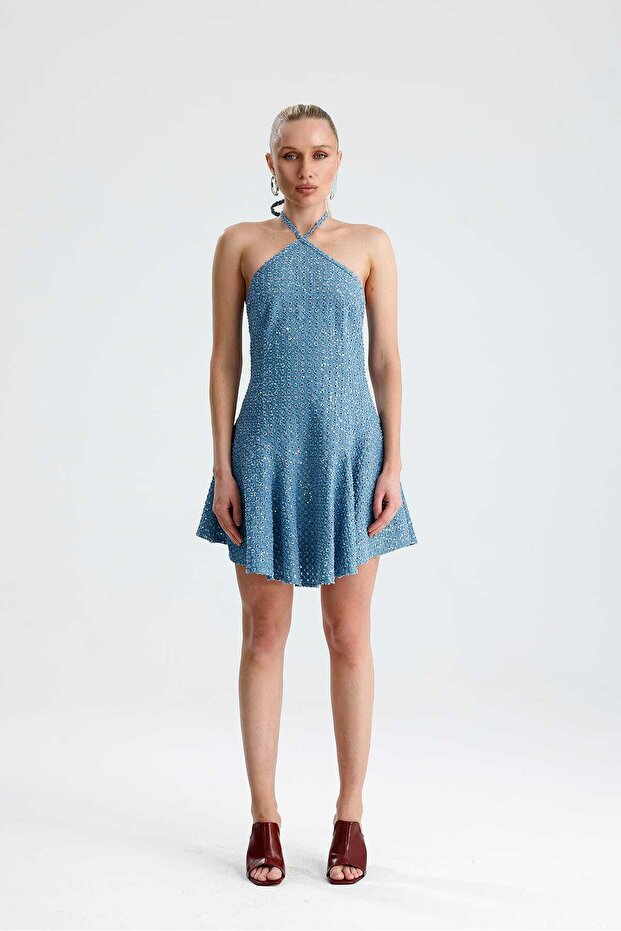 Cassi̇a Short Dress with Self-Pulled Fabric