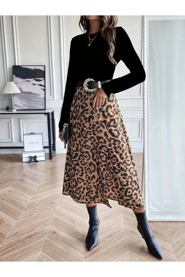 Women's Long Sleeve Crew Neck Imported Crepe Blouse Bottom Patterned Modal Midi Dress