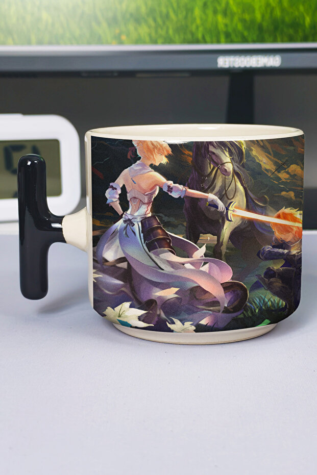 كوب سيراميك فاخر مطبوع عليه Fate Anime (قطعة واحدة) على شكل حرف T بمقبض أسود خاص V2T