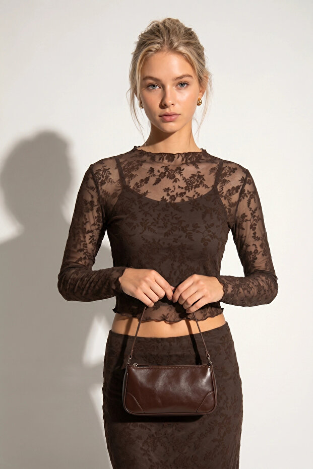 Floral Textured Transparent Mesh Blouse with Inner Lining