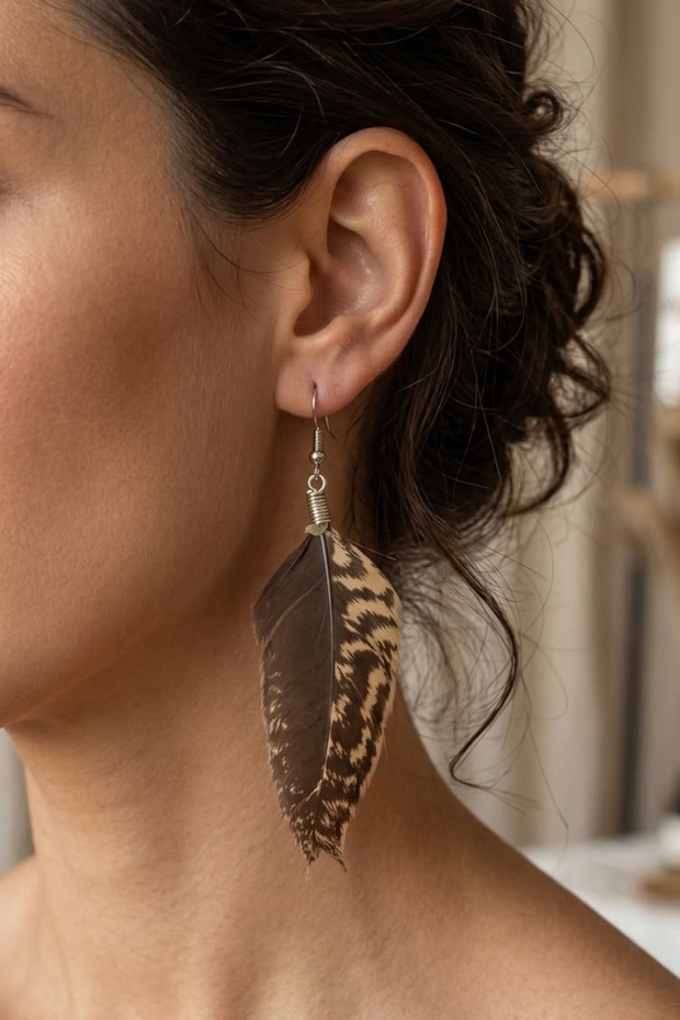 Ethnic Hippie Style Ostrich Feather Earrings 9 Cm.