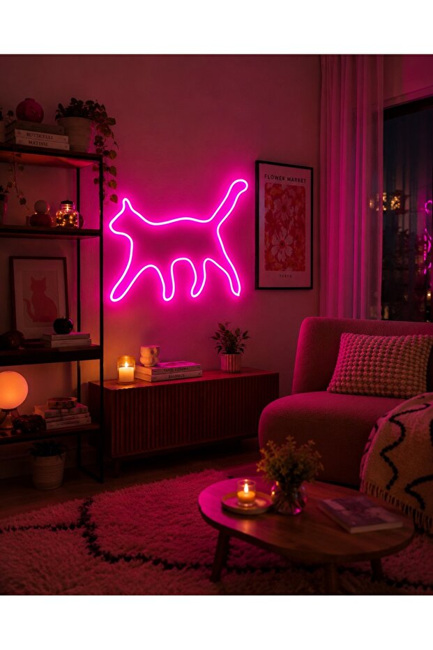 Kedi Figürlü LED Neon Duvar Tablosu | Pembe Aydınlatmalı Modern Dekor | Farklı Boyut Seçenekli Salon Hediye - 2