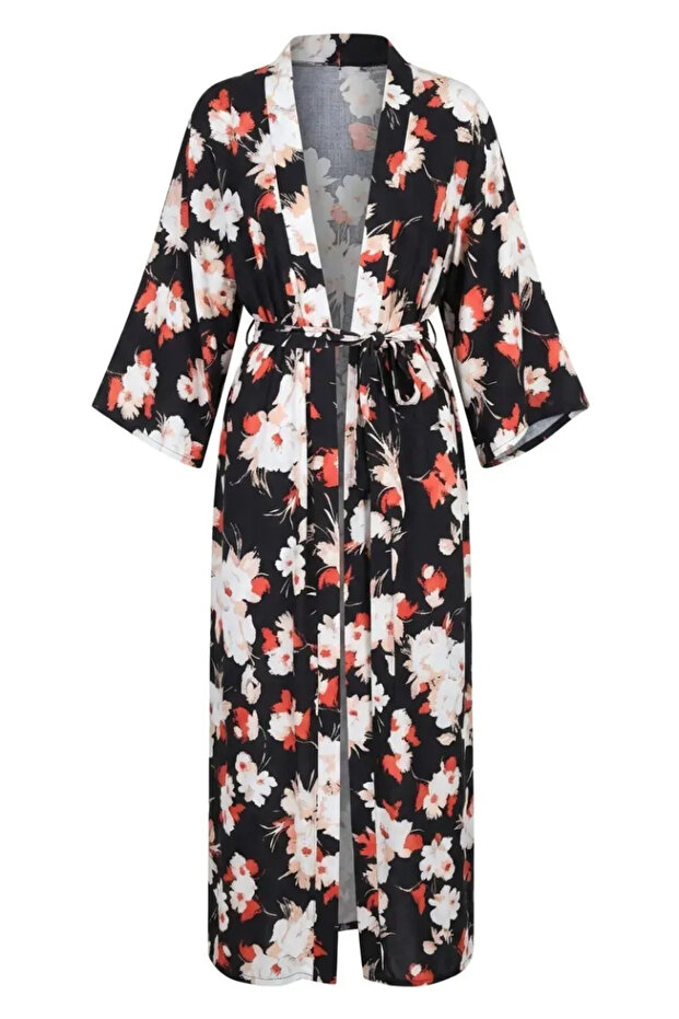 Patterned Belted Kimono 1908-02 Black - 5