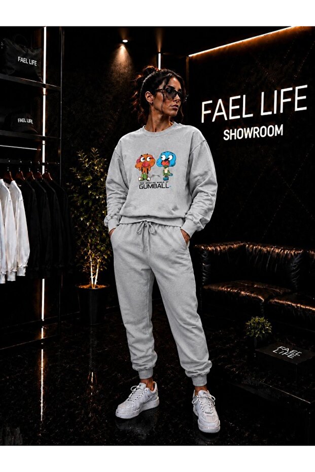 Unisex Wide Cut Zero Neck and Sweatpants Gumball Printed Set