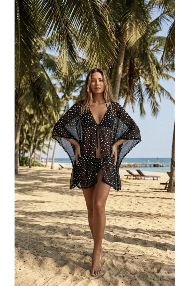 Gg-11 Polka Dot Pompom Chiffon Poncho Pareo