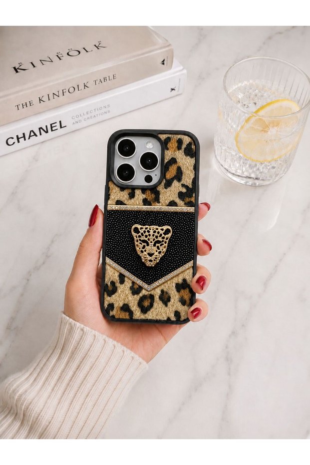 iPhone 15 Pro Case Leopard Pattern Feathered Stone Embroidered Premium Phone Case