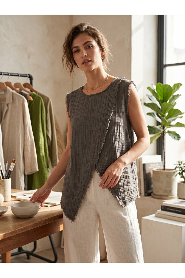 Women's 100% Cotton Muslin Asymmetrical Cut Blouse - Standard Size (Fits 34-40)