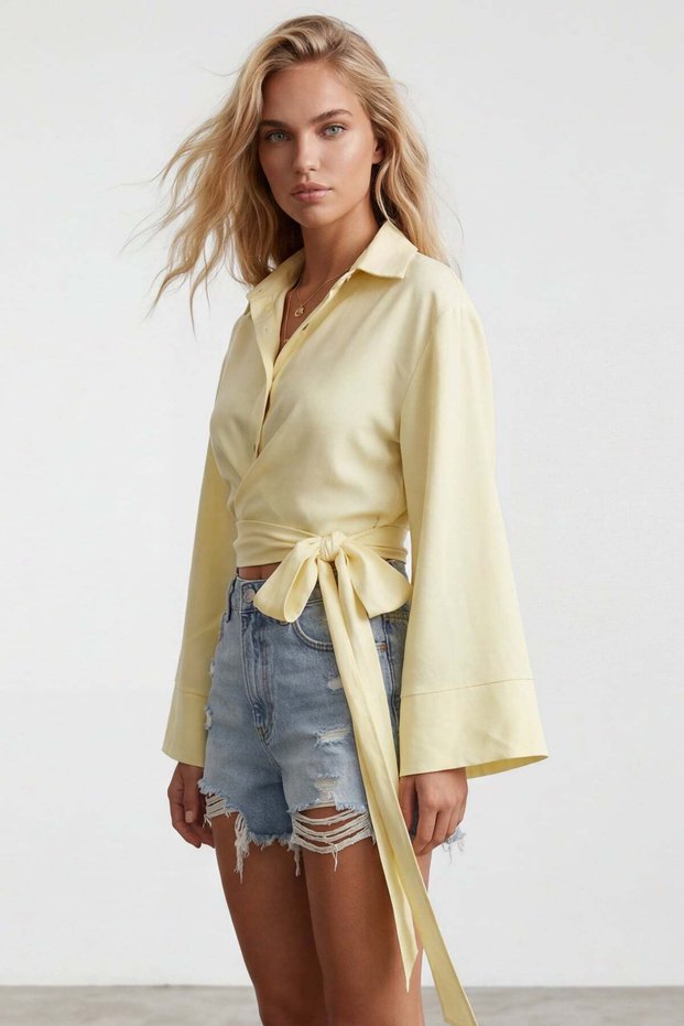 Women's yellow linen shirt with wide cuffed sleeves and front tie detail alc-x15424