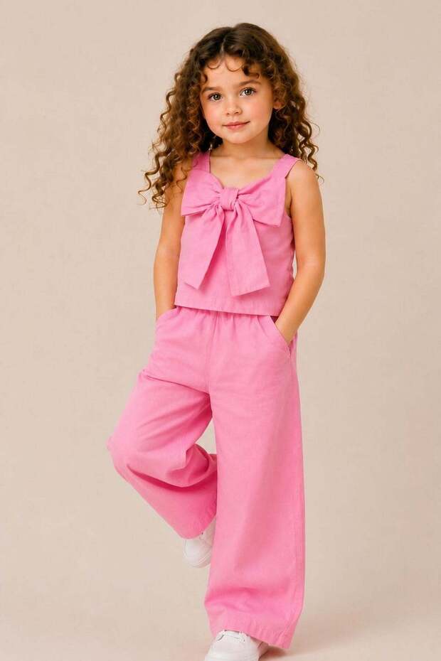 Pink Bowknot Girls' Top and Bottom Denim Set