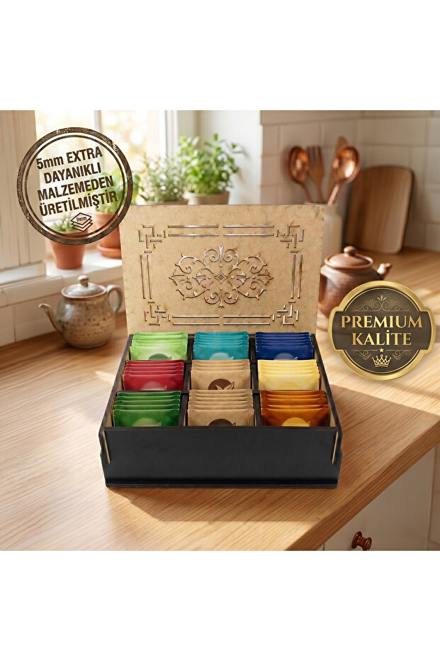 9-Compartment Wooden Tea Box Decorative Laser Cut with Lid Herbal Tea and Shake Tea Organizer Gift